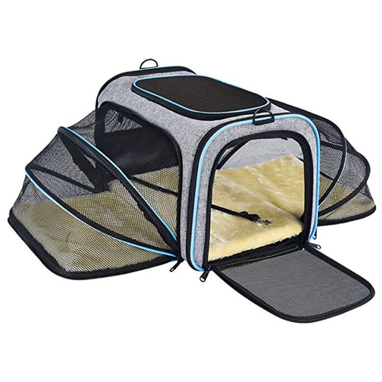 Airline-Approved Expandable Pet Carrier – Foldable Soft Travel Bag for Cats & Small Dogs with Reflective Strips & 4-Way Open Design (Black | Gray)