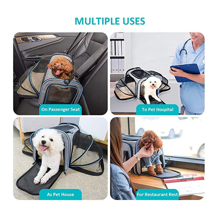 Airline-Approved Expandable Pet Carrier – Foldable Soft Travel Bag for Cats & Small Dogs with Reflective Strips & 4-Way Open Design (Black | Gray)