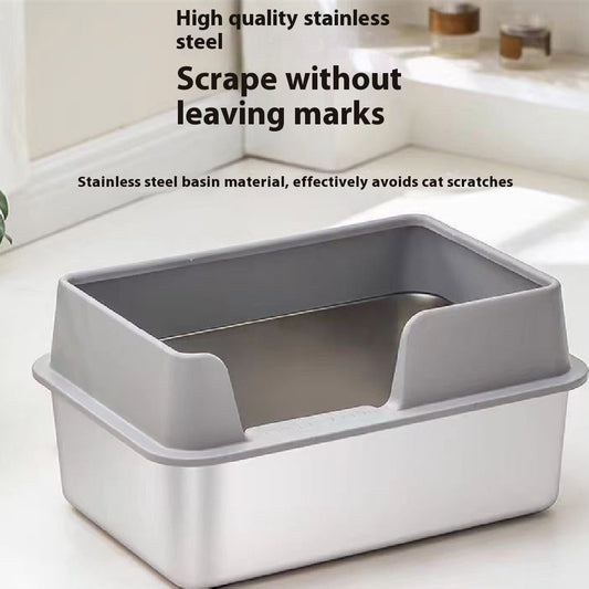 Stainless Steel Cat Litter Box with High Fence – Anti-Splash Pet Toilet, Durable Metal & Plastic Design (Gray | Black | White)