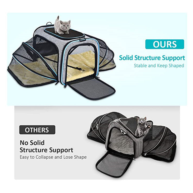 Airline-Approved Expandable Pet Carrier – Foldable Soft Travel Bag for Cats & Small Dogs with Reflective Strips & 4-Way Open Design (Black | Gray)