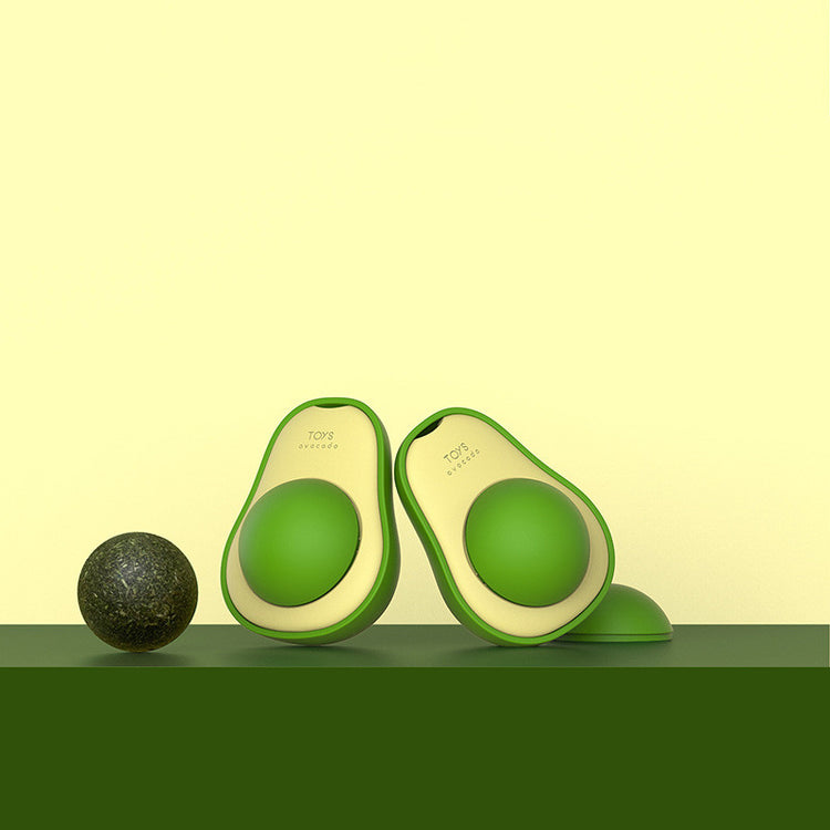 Two avocado-shaped catnip toys with a ball, perfect for engaging cats in play. Avocado catnip toy.
