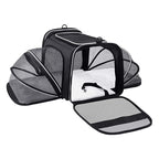 Airline-Approved Expandable Pet Carrier – Foldable Soft Travel Bag for Cats & Small Dogs with Reflective Strips & 4-Way Open Design (Black | Gray)