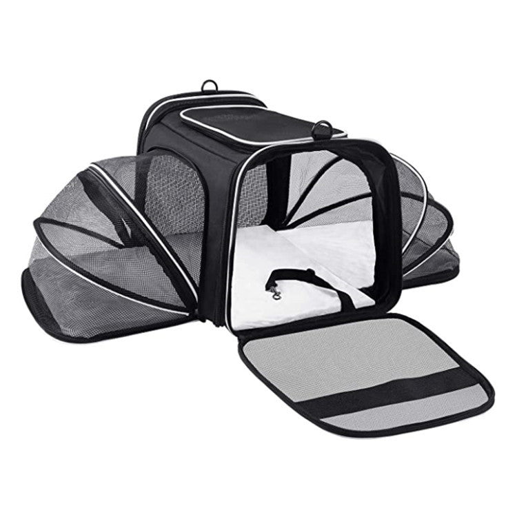 Airline-Approved Expandable Pet Carrier – Foldable Soft Travel Bag for Cats & Small Dogs with Reflective Strips & 4-Way Open Design (Black | Gray)
