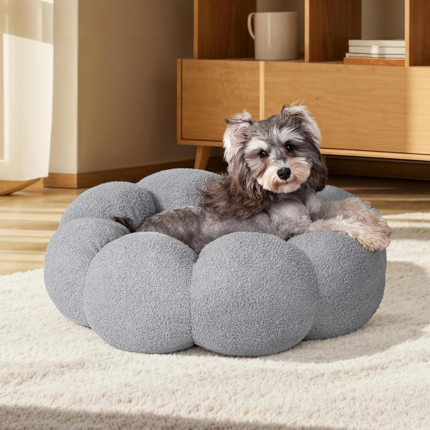Calming Cat Beds For Indoor Cats Fluffy Flower Cat Dog Bed In Plush Teddy Sherpa Round Donut Cuddler Puppy Bed  Non Slip Machine Washable Pet Bed Main image