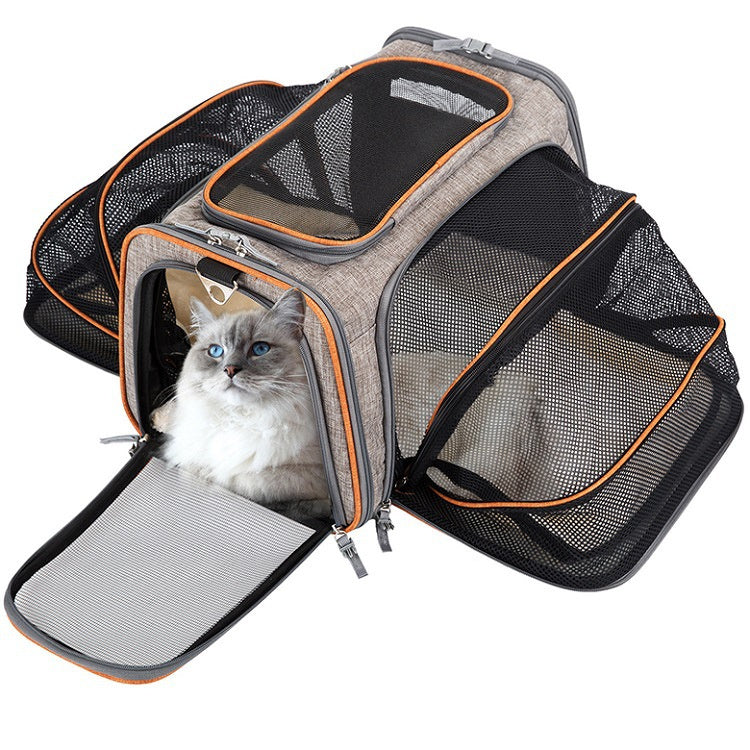 Airline-Approved Expandable Pet Carrier – Foldable Soft Travel Bag for Cats & Small Dogs with Reflective Strips & 4-Way Open Design (Black | Gray)
