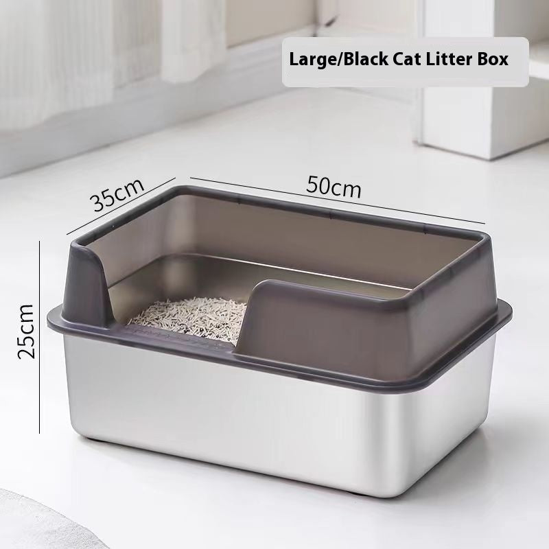 Stainless Steel Cat Litter Box with High Fence – Anti-Splash Pet Toilet, Durable Metal & Plastic Design (Gray | Black | White)